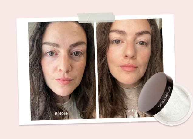 Original photos showing before and after of PureWow editor using Laura Mercier Secret Brightening Color Correcting Under Eye Setting Powder
