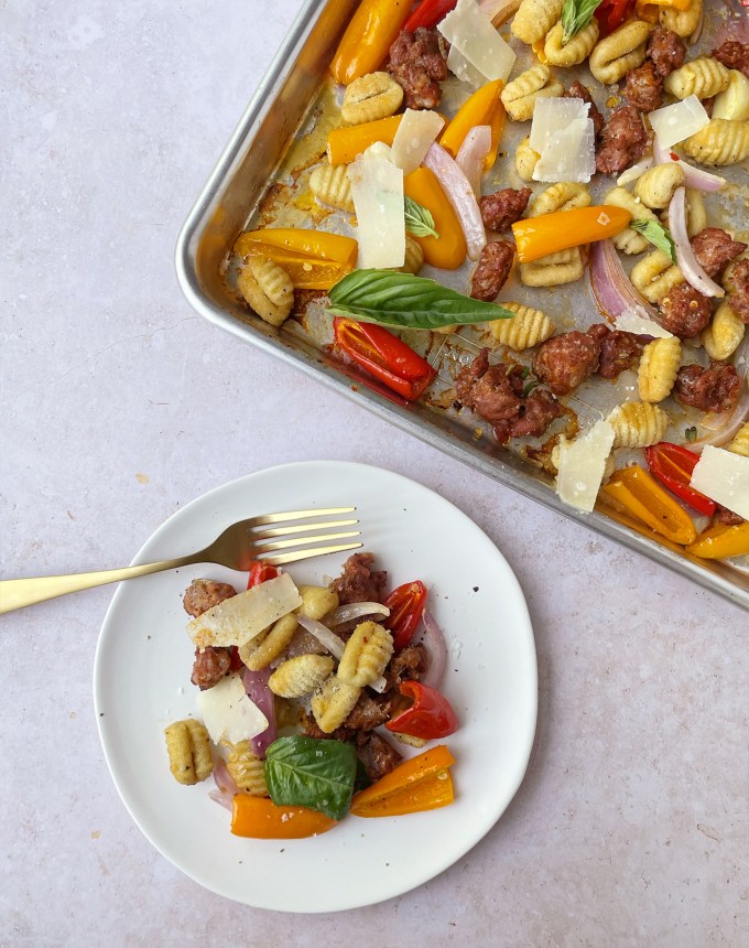 easy gnocchi recipes: sheet pan gnocchi with sausages, peppers and onions