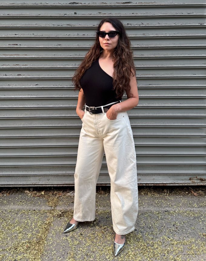 most-comfortable-pants: editor wearing Everlane white barrel jeans