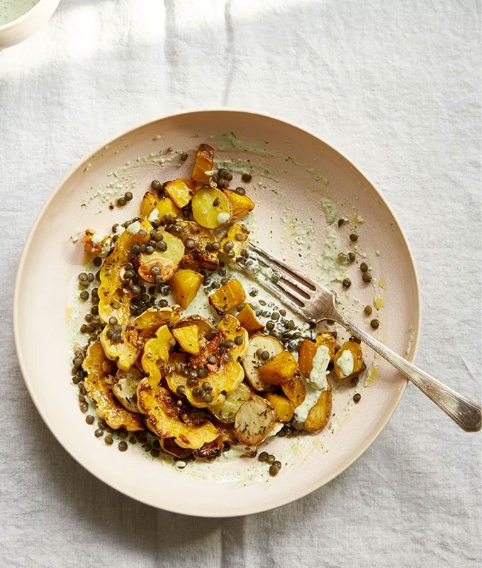 fun-dinner-ideas-9.-Fall-Roasted-Vegetable-and-Lentil-Salad-with-Pine-Nut-Cream.jpg