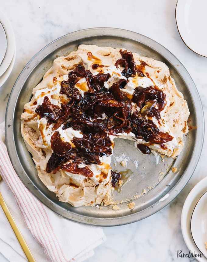 fun things to bake: aerial of roasted apple pavlova with honey whipped cream and roasted apples