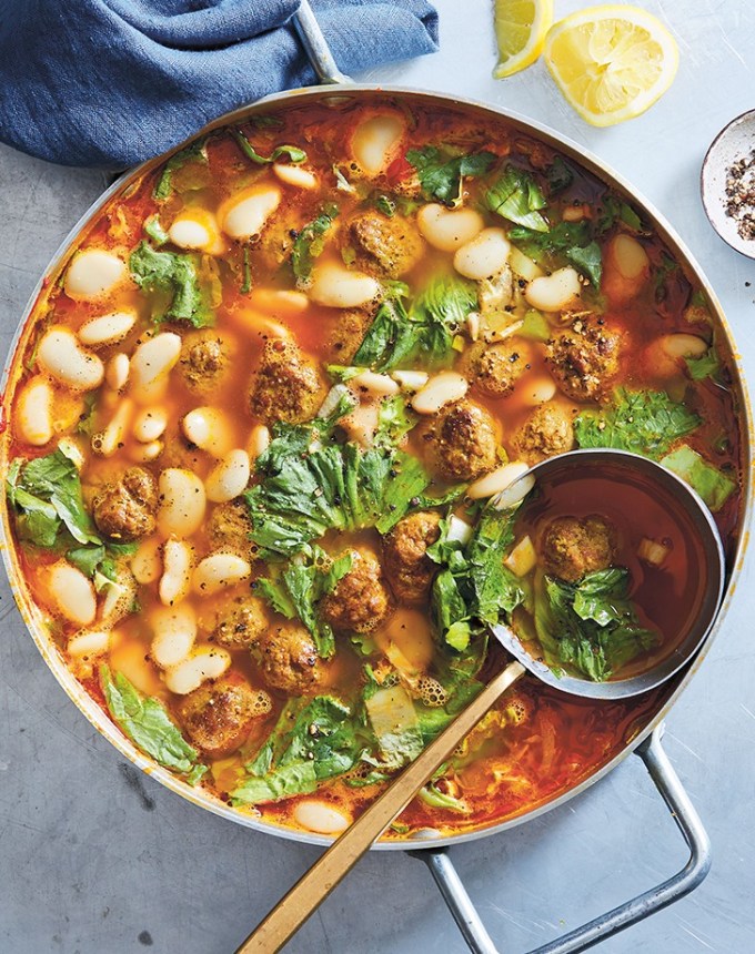 high protein soups: spiced lamb meatball and escarole soup