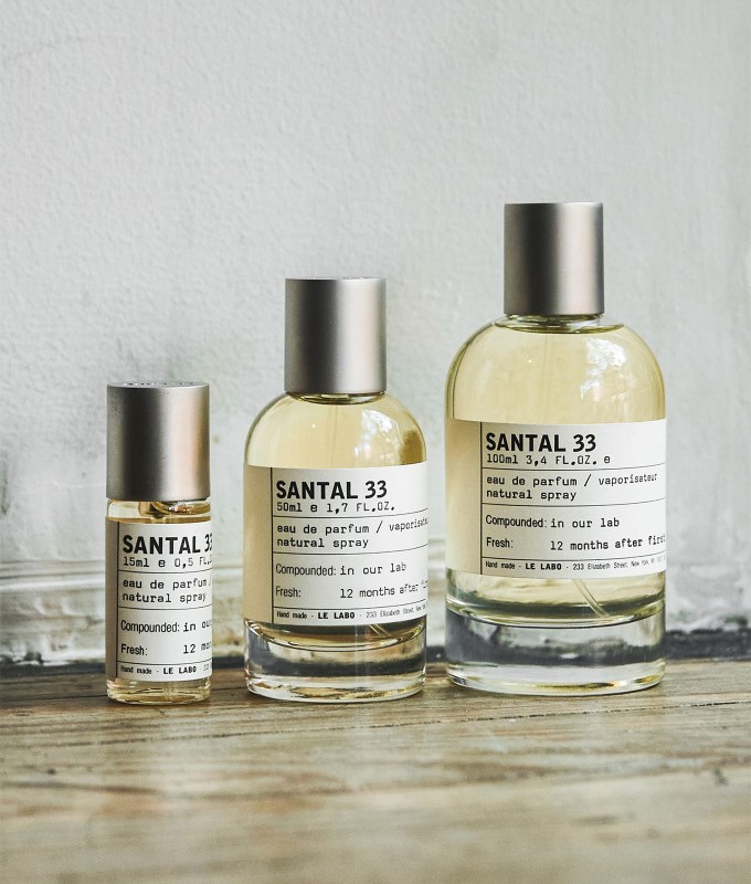 le-labo-santal-33: bottles of le labo's santal 33 in 0.5, 1.7 and 3.4 fl oz