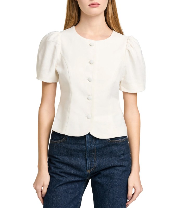 The Wayf Blair Button-Front Linen-Blend Top.