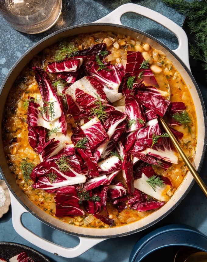 birthday dinner ideas: white bean stew with marinated radicchio in dutch oven
