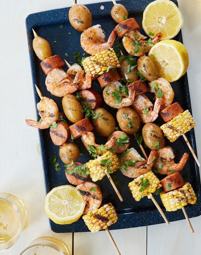 southern recipes: shrimp boil skewers with corn, sausage and potatoes