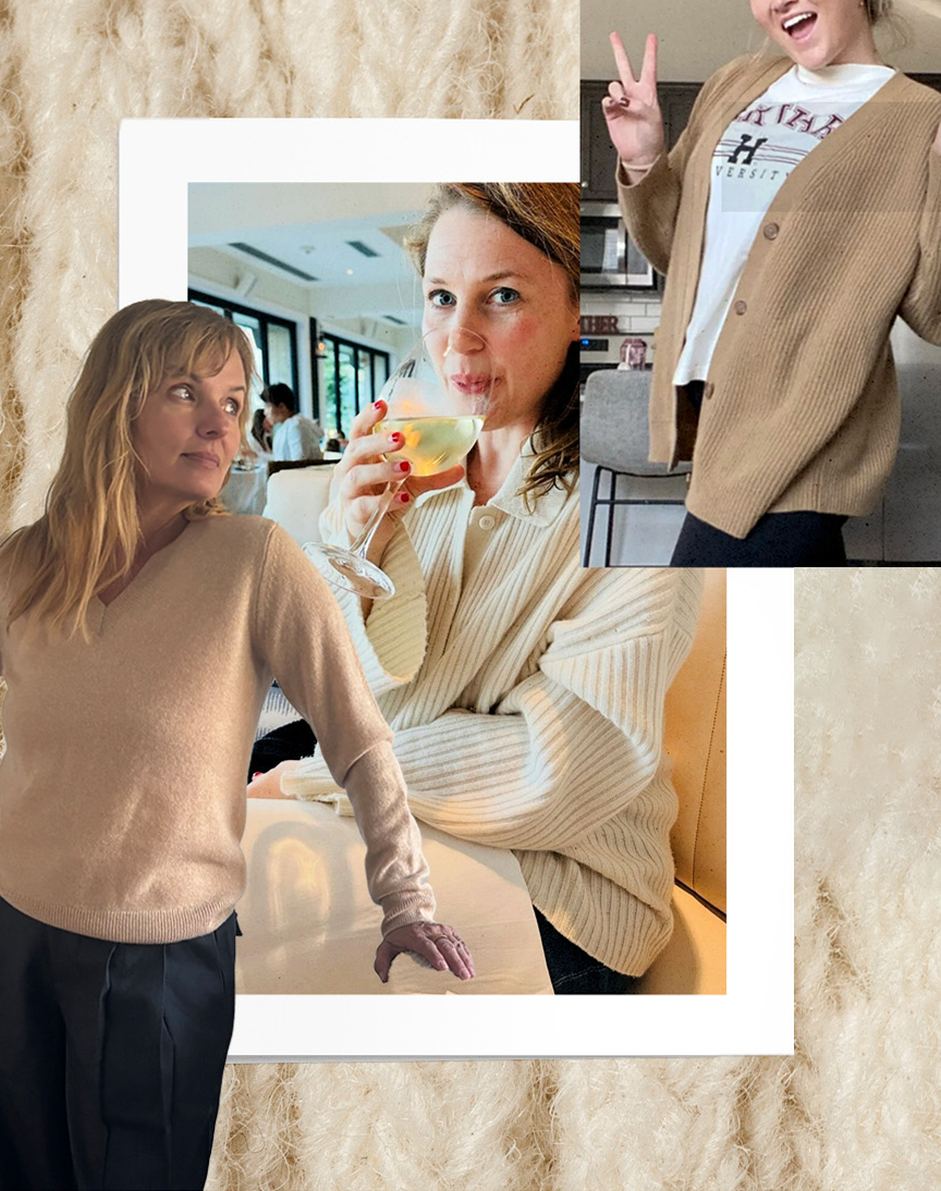 best cashmere sweaters: Collage of crew neck and cardigans worn by editors