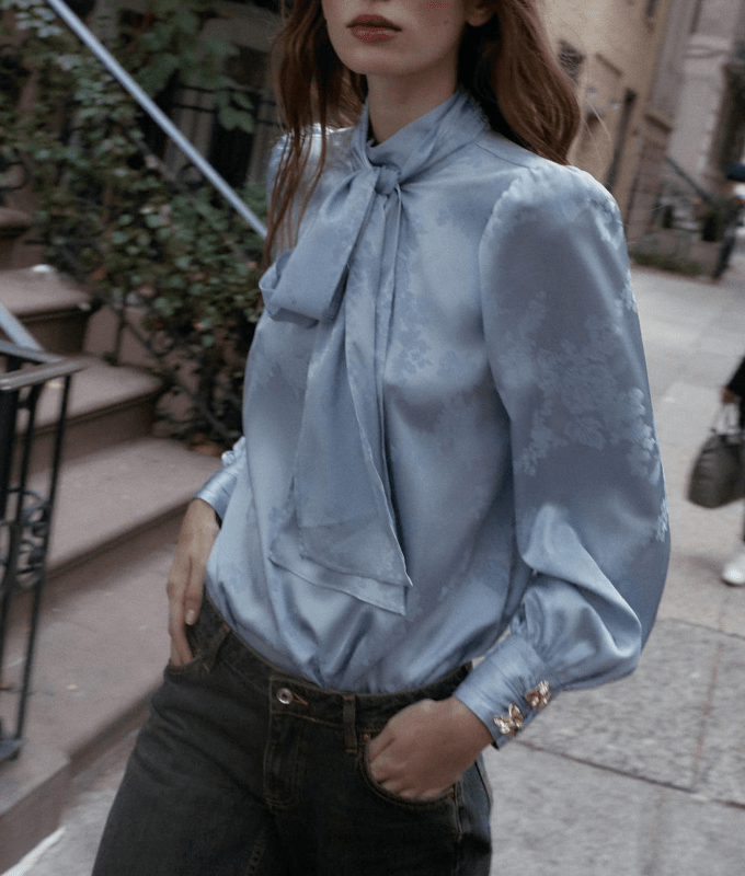 Eloise Bridgerton Bow Neck Trend: Blue Tie-Neck Blouse