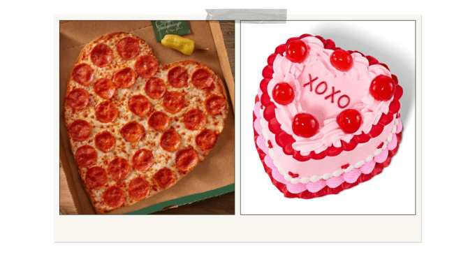 heart-shaped pizza and cake